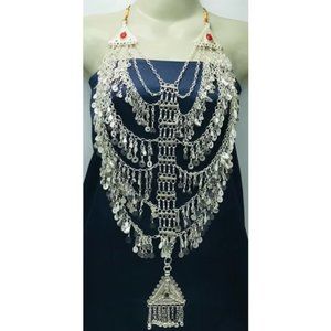 Multilayers Afghan Necklace, Tribal Afghani Necklace With Dangling Tassels